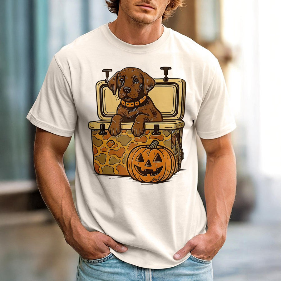 Chocolate Labrador Halloween T-Shirt | Camo Cooler Puppy Graphic | Premium 100% Cotton | Fall Hunting Dog Lover Gift