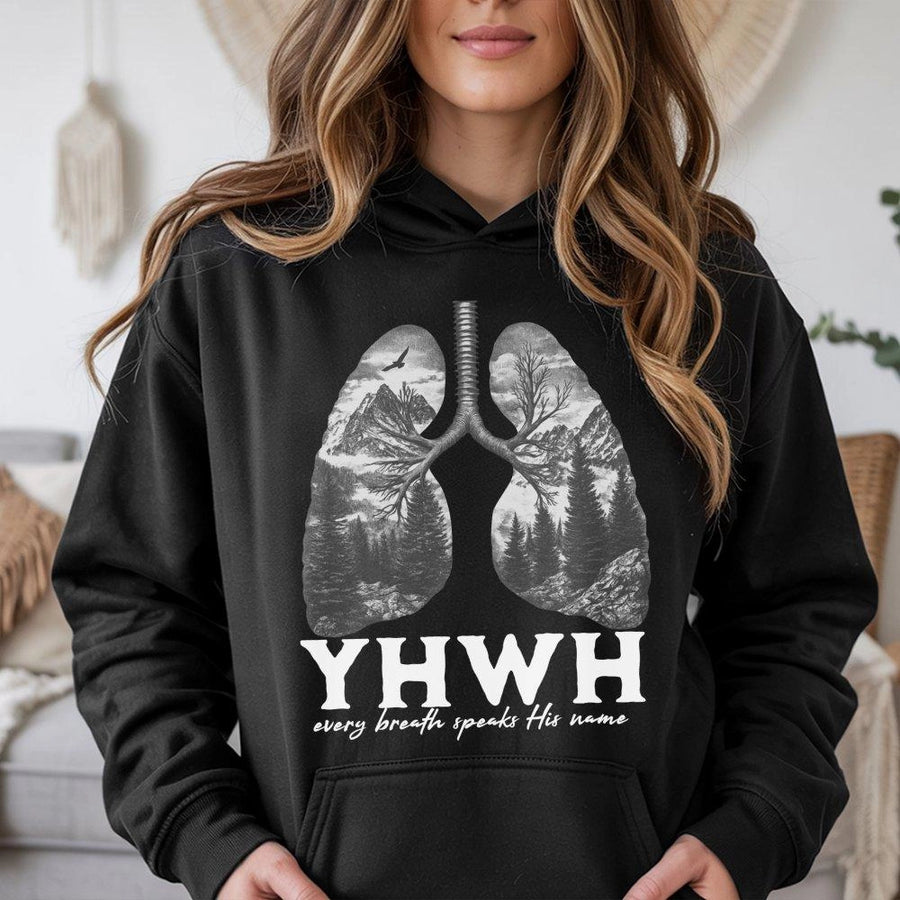 YHWH Christian Hoodie | Every Breath Speaks His Name Nature Graphic | Premium Cotton Blend | Religious Gift for Men and Women