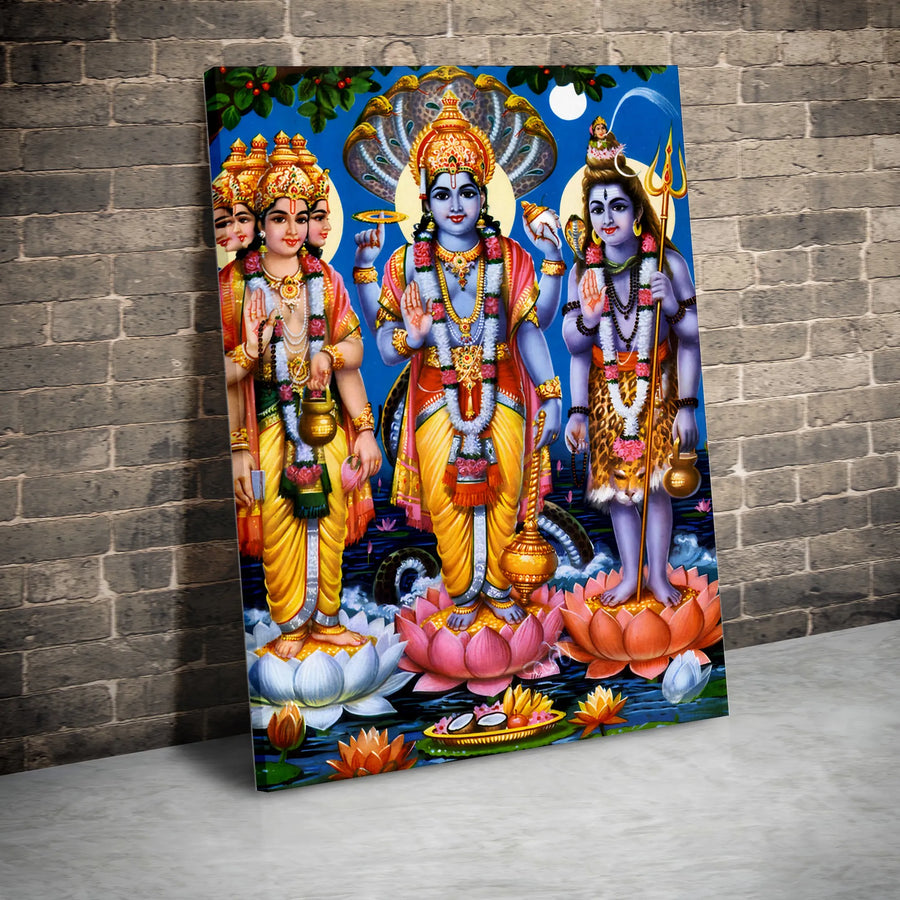 Trimurti Hindu Gods Canvas Print | Brahma Vishnu Shiva Divine Art | Premium Fade-Resistant Wall Decor | Spiritual Home Office Gift