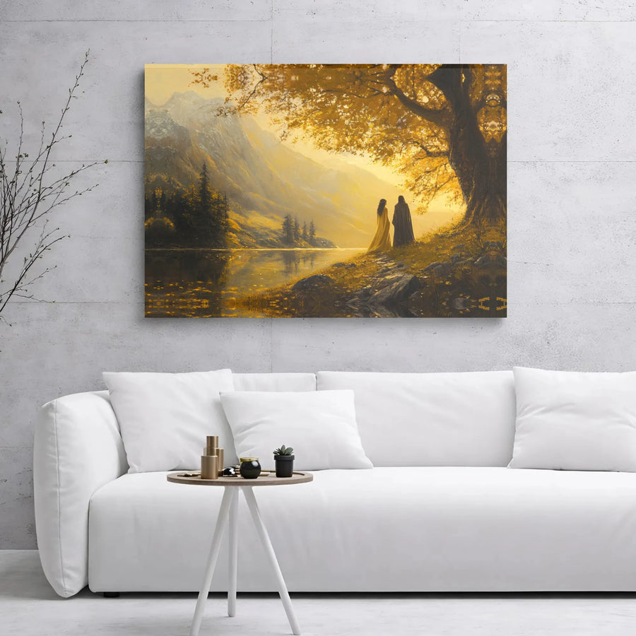 Fantasy Couple Landscape Canvas | Golden Hour Mountain Lake Wall Art | Premium Gallery Wrap Print | Romantic Home Decor Gift