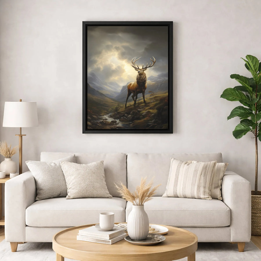 Majestic Stag Canvas Art | Mountain Valley Wildlife Print | 1.25 Inch Premium Gallery Wrap | Nature Home Decor Gift For Wildlife Enthusiasts