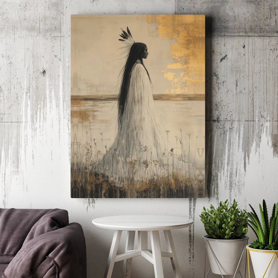 Native American Woman Canvas Art | Abstract Feather Headdress Wall Decor | Premium Gallery Wrap Print | Southwestern Boho Home Gift
