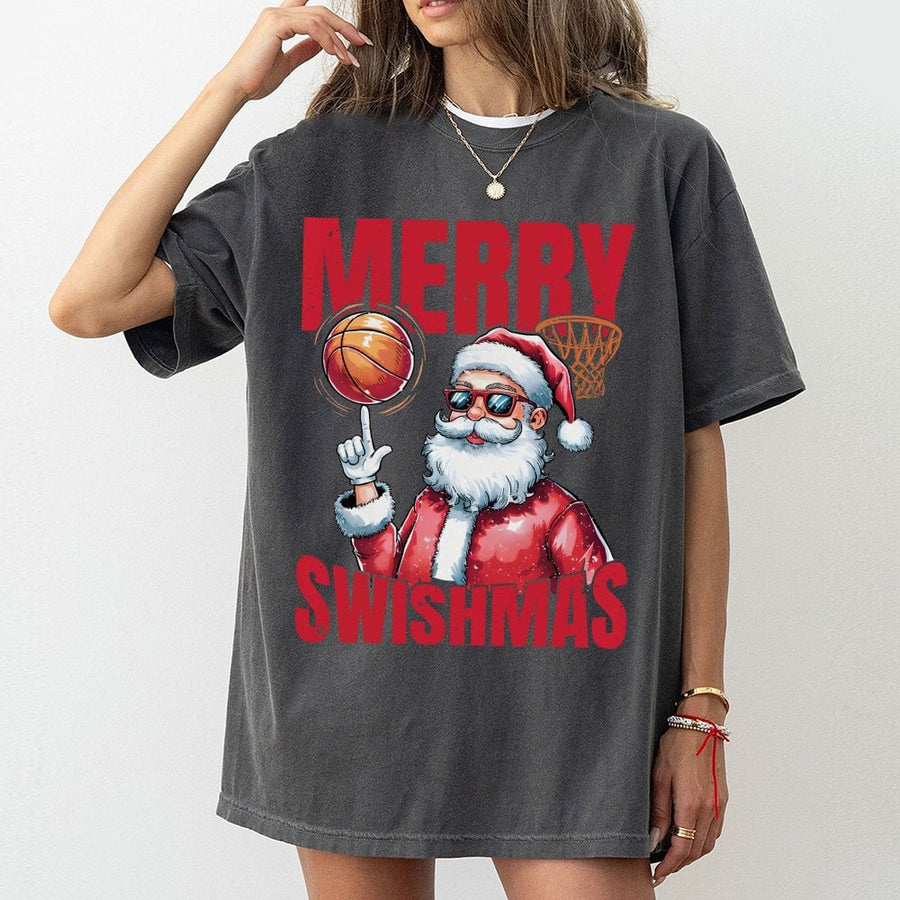 Merry Swishmas Basketball Santa T-Shirt | Retro Graphic Holiday Sports Design | 100% Cotton Premium Tee | Fun Christmas Gift For Basketball Players