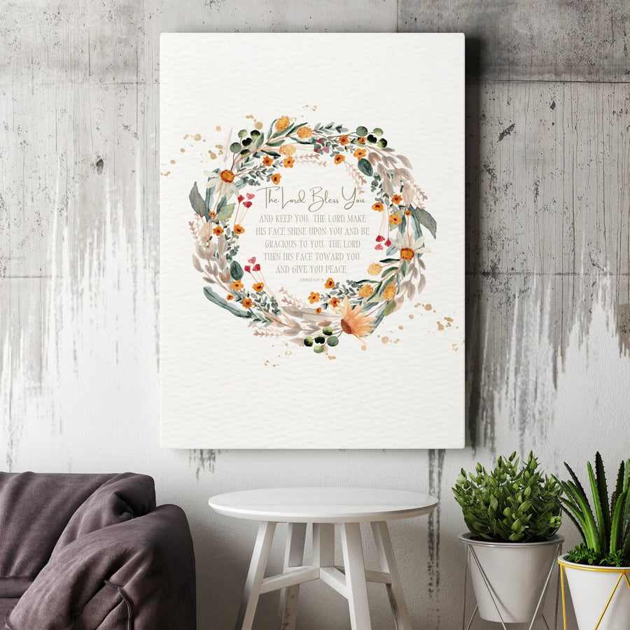 The Lord Bless You Numbers 6:24-26 Canvas | Watercolor Floral Wreath Wall Art | Premium Gallery Wrap | Christian Home Decor Gift for Nursery