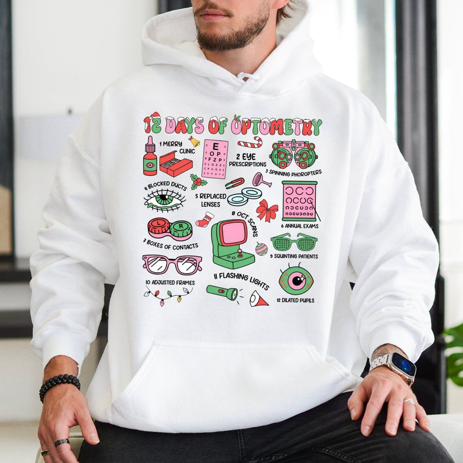 12 Days Of Optometry Hoodie | Funny Eye Doctor Christmas Sweatshirt | Premium Cotton Blend | Gift For Ophthalmologist Optician