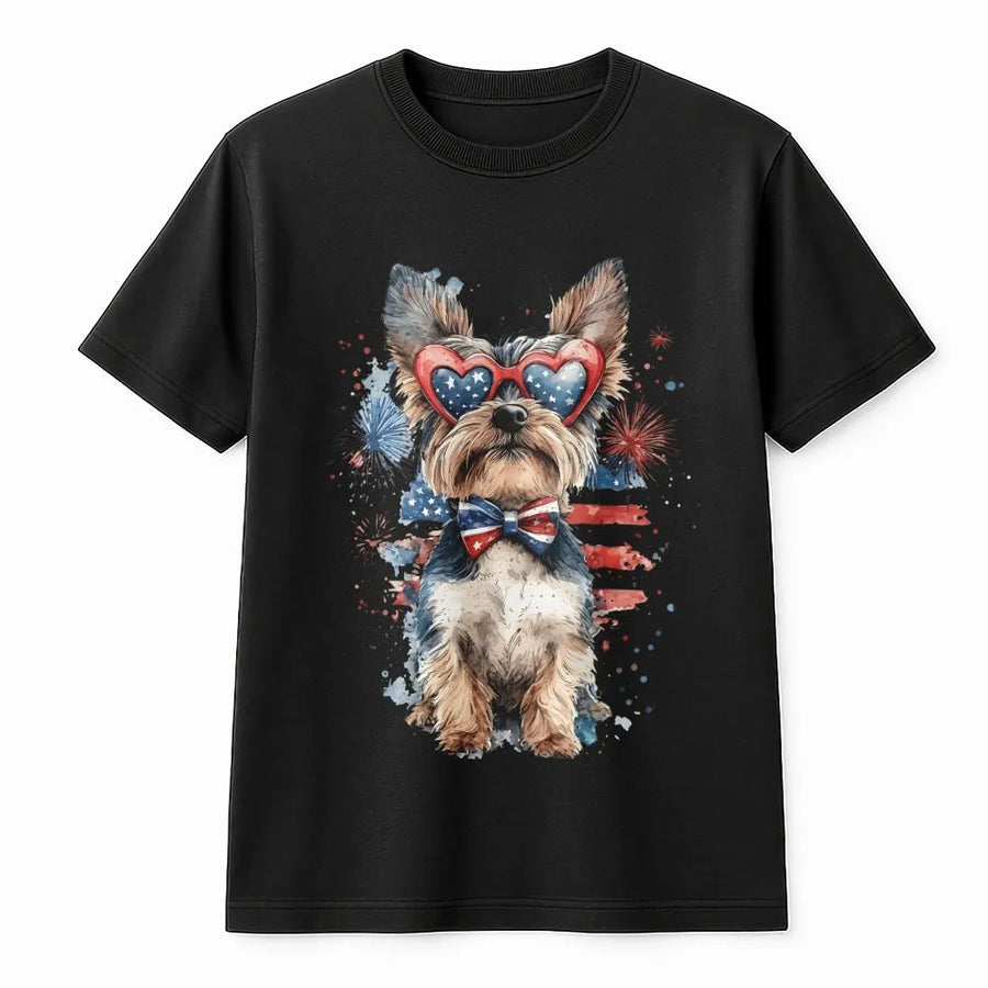 Patriotic Yorkie T-Shirt | Watercolor American Flag Graphic | Premium Cotton Blend | 4th of July Gift for Dog Lover