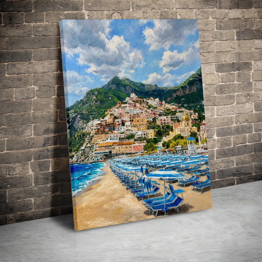 Amalfi Coast Italy Canvas Print | Positano Coastal Village Painting | Thick 1.25" Gallery Wrap Canvas | Living Room Wall Decor Gift for Traveler
