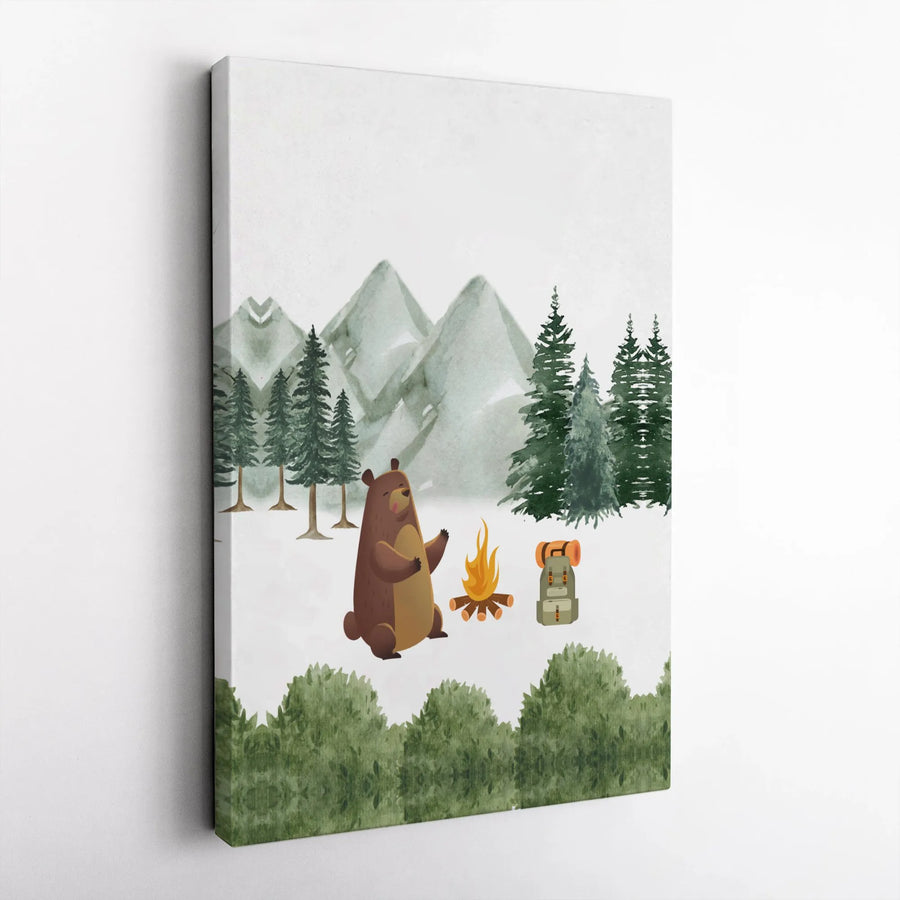 Watercolor Camping Bear Canvas Wall Art | Mountain Forest Scenery | Premium 1.25-Inch Gallery Wrap | Adventure Theme Nursery or Home Decor Gift