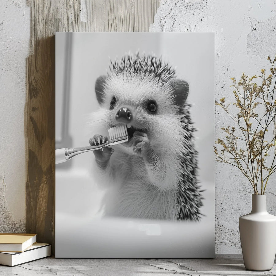Hedgehog Wall Art | Cute Animal Brushing Teeth Photo | Premium Gallery Wrapped Canvas | Bathroom Decor & Unique Gift
