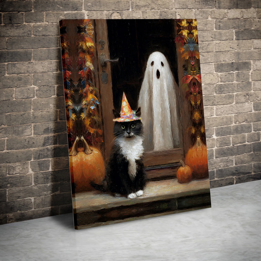 Halloween Black Cat Canvas Wall Art | Spooky Ghost and Pumpkin Oil Painting Style | 1.25 Inch Gallery Wrap | Festive Home Decor Gift