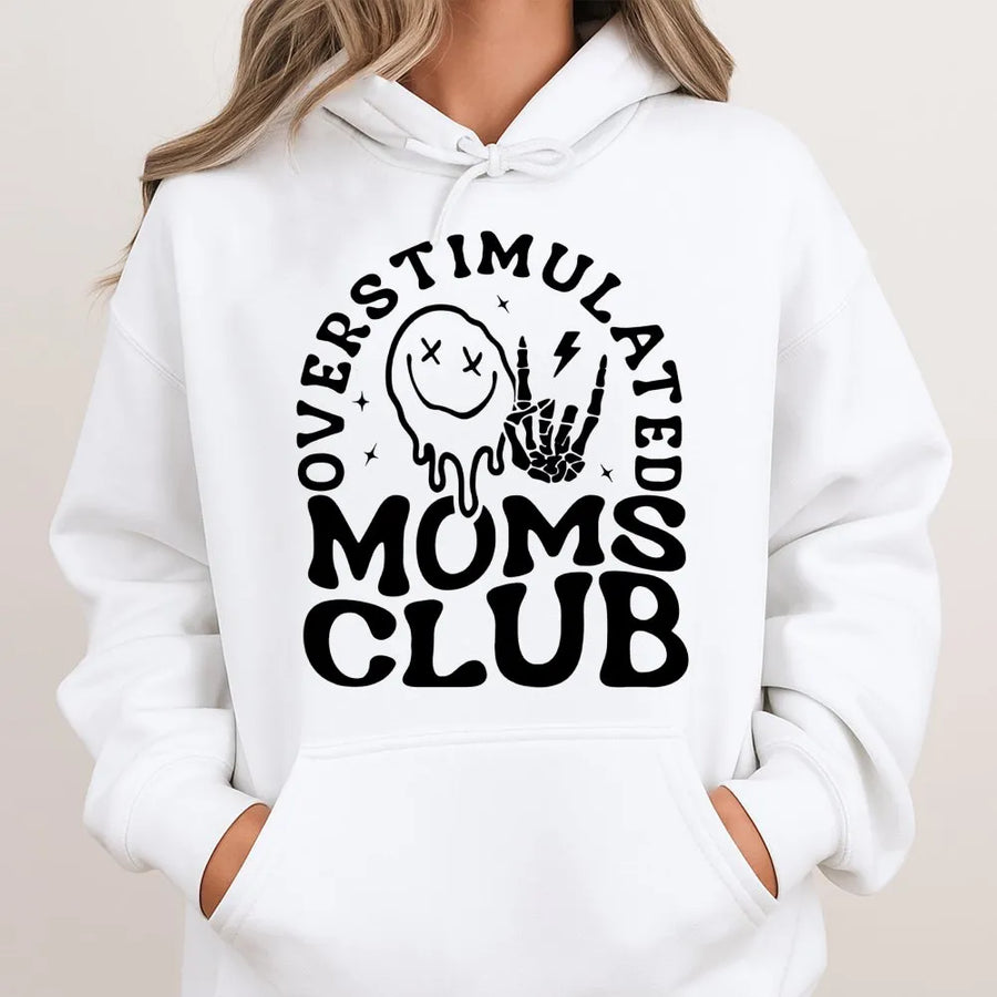 Overstimulated Moms Club Hoodie | Retro Groovy Aesthetic Pullover | Premium Cotton Blend Sweatshirt | Funny Gift for Mom, New Mom or Tired Parents