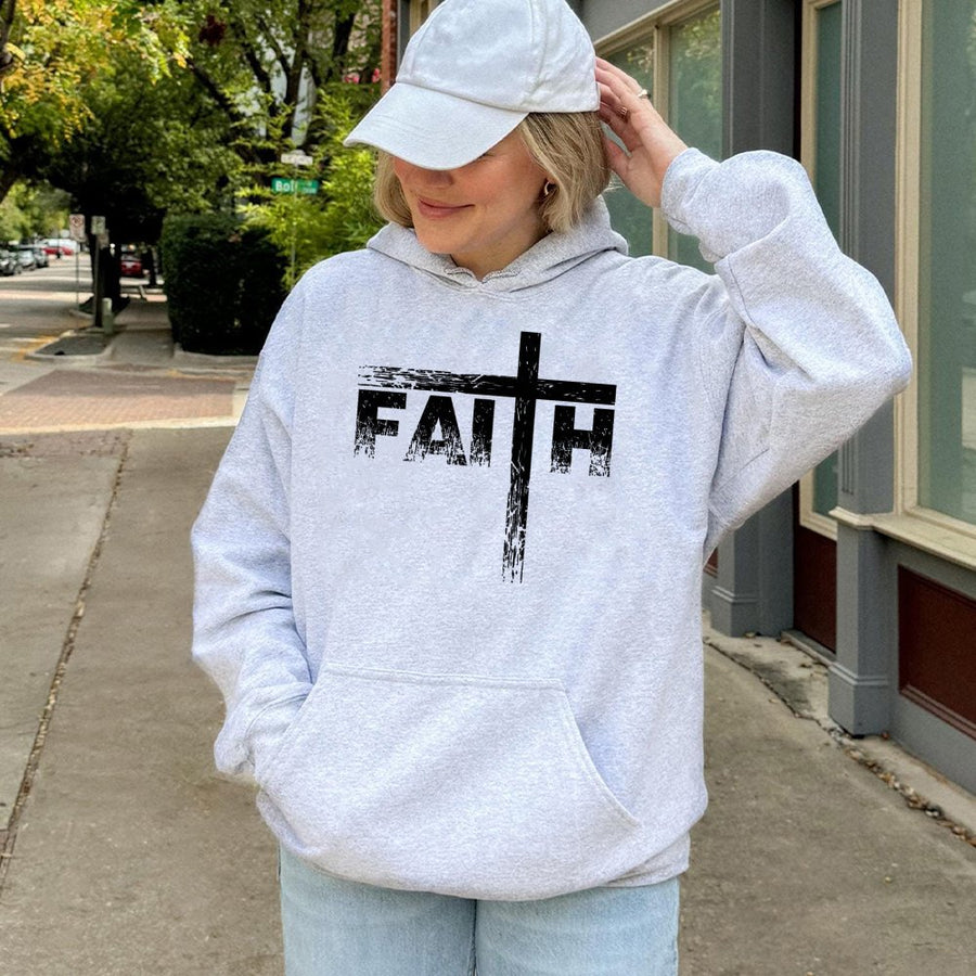Faith Cross Hoodie | Distressed Typography Graphic Print | Premium Cotton Blend | Christian Religious Gift for Men and Women
