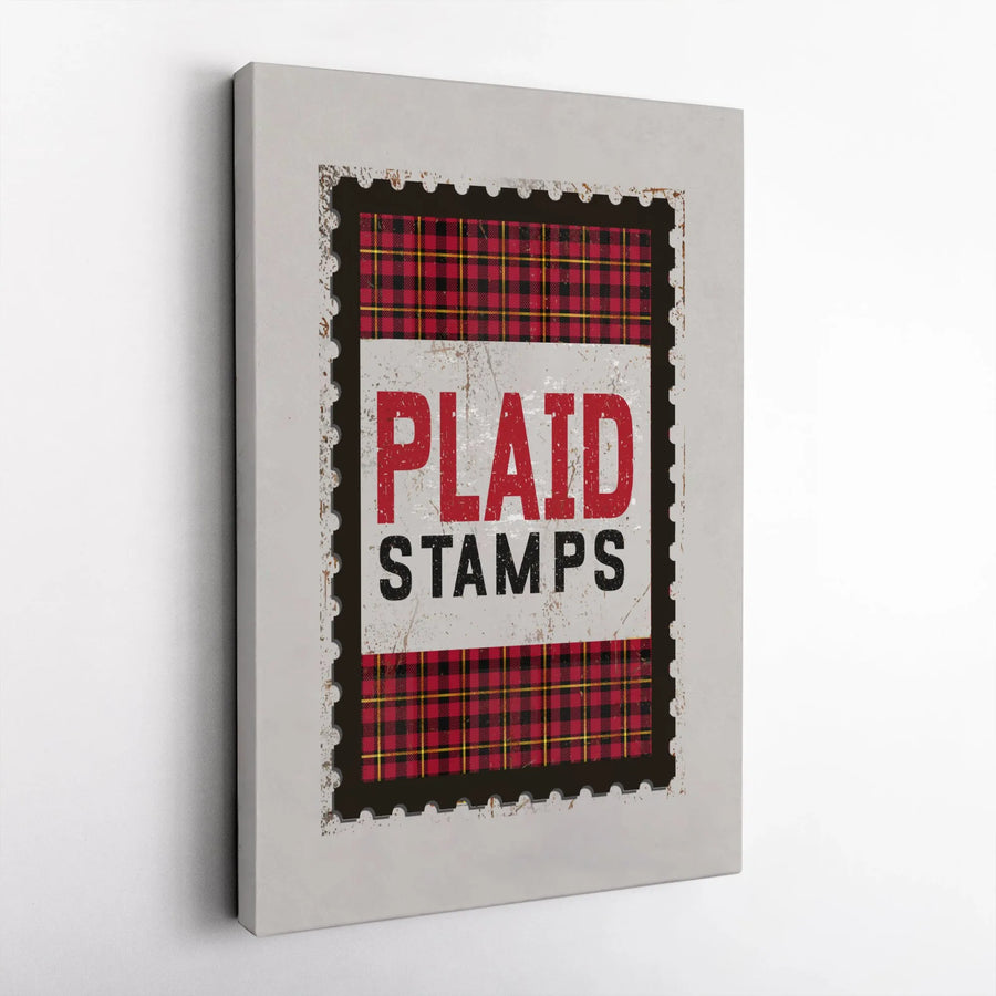 Red Plaid Postage Stamp Wall Art | Vintage Distressed Tartan Print | Gallery Quality 1.25" Canvas | Rustic Home Office Decor Gift