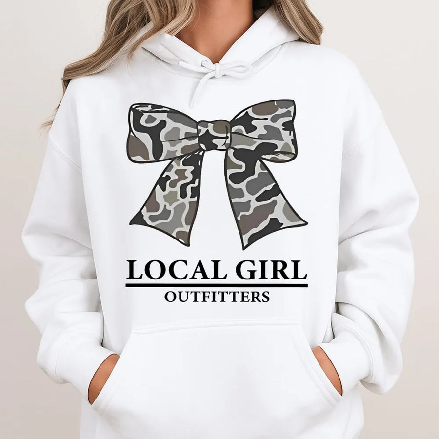 Camo Bow Hoodie | Local Girl Outfitters Graphic Design | Soft Cotton Blend | Cute Southern Style Gift For Women