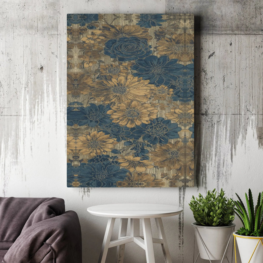 Vintage Floral Canvas Wall Art | Blue and Gold Botanical Print | 1.25 Inch Premium Gallery Wrap | Elegant Home Office Decor