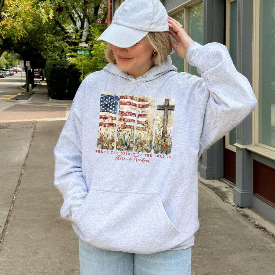 Where The Spirit Of The Lord Is There Is Freedom Hoodie | American Flag Christian Cross Graphic | Premium Cotton Blend | Faith-Based Gift For Believers