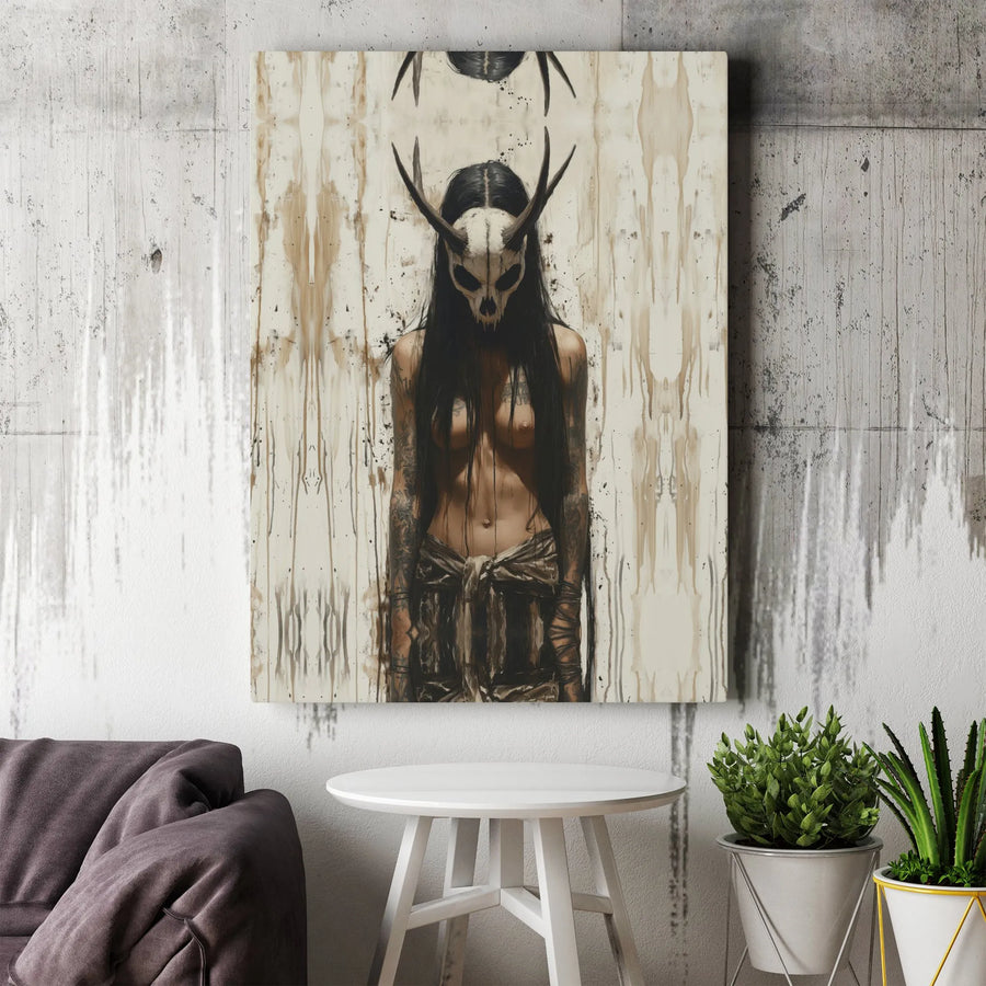 Dark Shaman Skull Mask Wall Art | Gothic Tattooed Woman Portrait | Premium Gallery-Wrapped Canvas | Occult Aesthetic Home Decor Gift