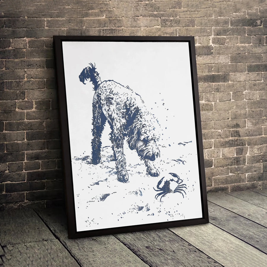 Doodle Dog Beach Canvas Wall Art | Sketch Style Crab Encounter | Premium Gallery Wrap Print | Coastal Home Decor Gift for Dog Lovers