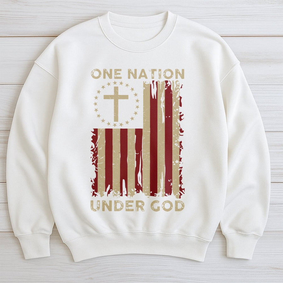 One Nation Under God Sweatshirt | Patriotic American Flag Cross Design | Premium Cotton Blend Unisex Pullover | Faith and Freedom Christian Gift