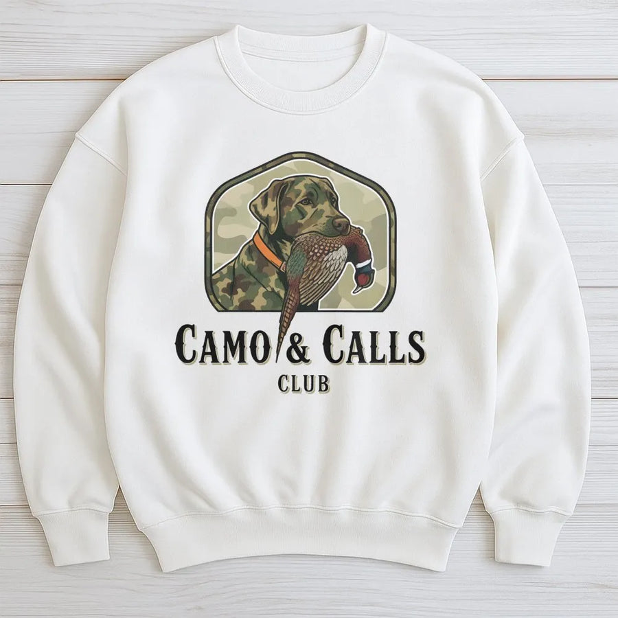 Camo & Calls Club Labrador Sweatshirt | Pheasant Hunting Dog Graphic | Premium Cotton Blend | Gift for Upland Bird Hunters and Dog Lovers