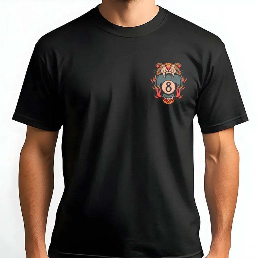 Tiger 8 Ball T-Shirt | Vintage Traditional Tattoo Style | Soft Unisex Crewneck | Collector's Gift for Pool Player