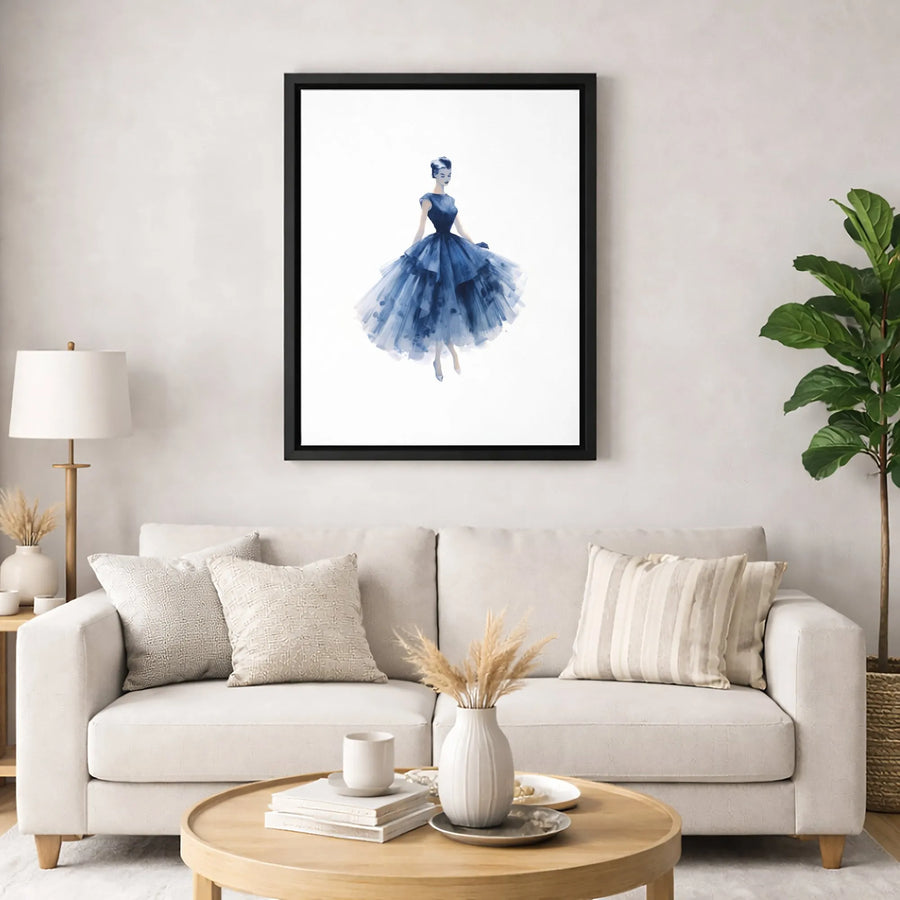 Fashion Wall Art | Blue Tulle Ball Gown Watercolor Illustration | Premium Gallery Canvas | Elegant Home Decor Gift For Her