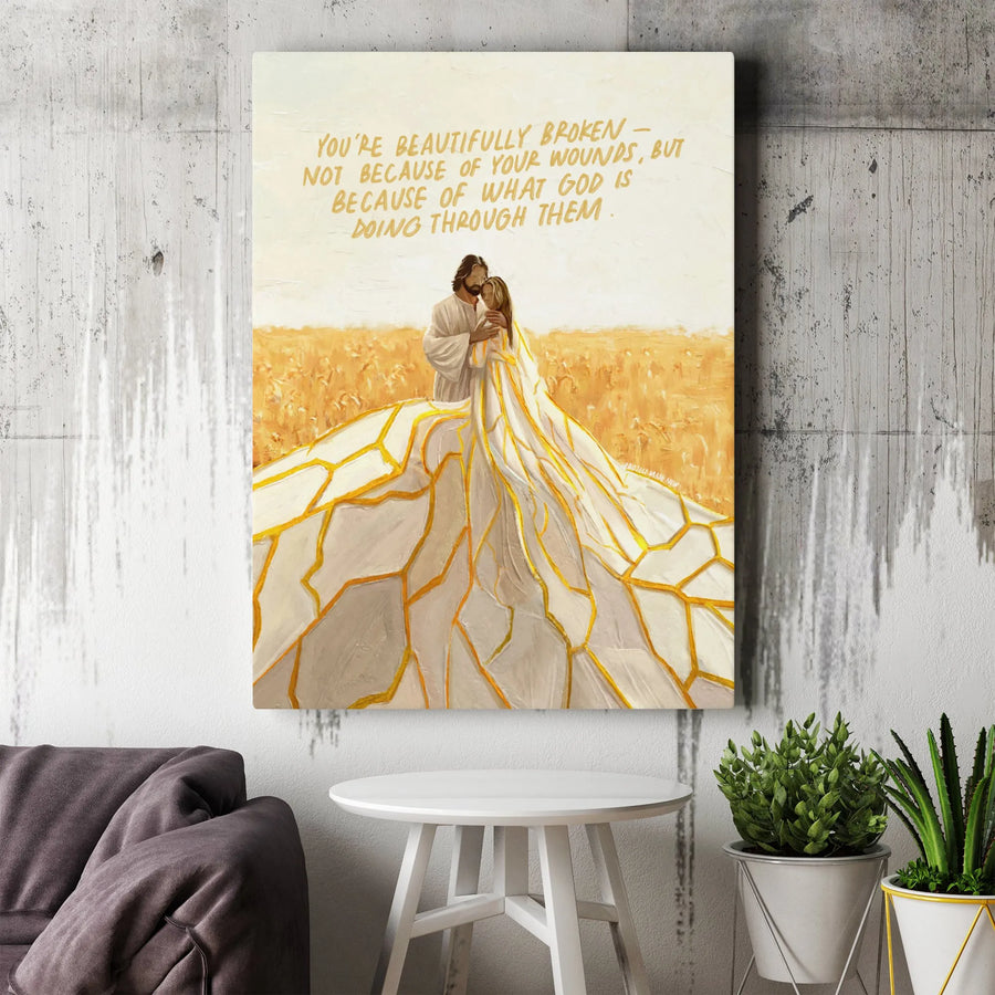 Jesus Hugging Woman Canvas Print | Beautifully Broken Quote Art | Premium Gallery Wrapped Canvas | Inspirational Christian Gift for Women