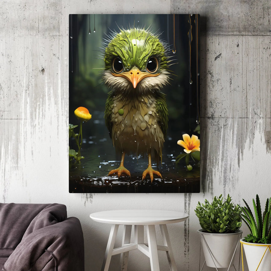 Enchanted Forest Bird Canvas Wall Art | Whimsical Green Chick with Big Eyes | Premium 1.25" Thick Canvas | Unique Nursery & Kids Room Decor Gift