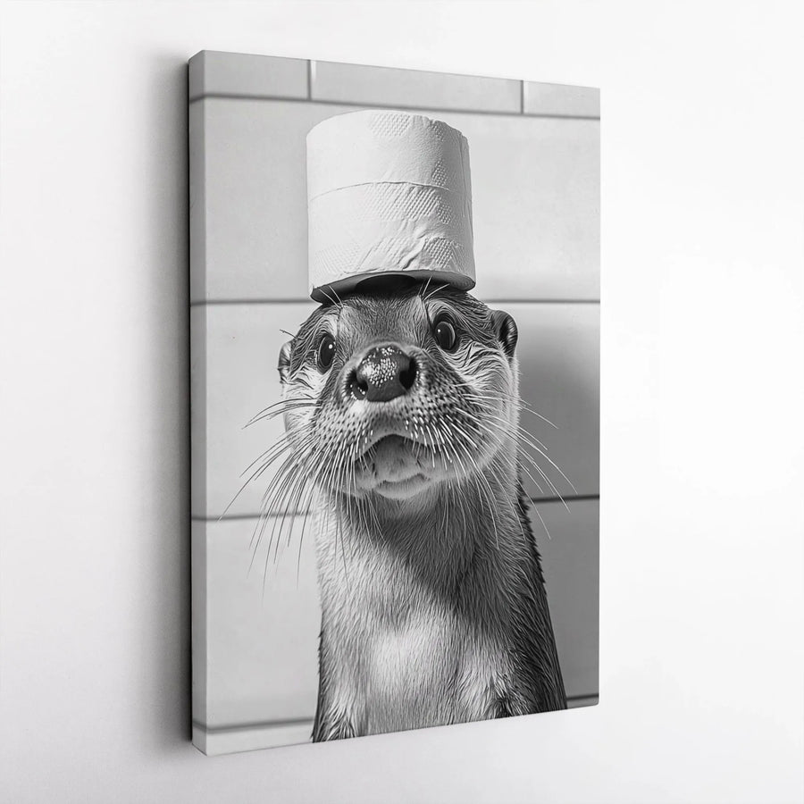 Funny Otter Canvas Print | Black and White Animal Photo with Toilet Paper Hat | Premium Gallery Wrapped Canvas | Humorous Bathroom Wall Decor Gift
