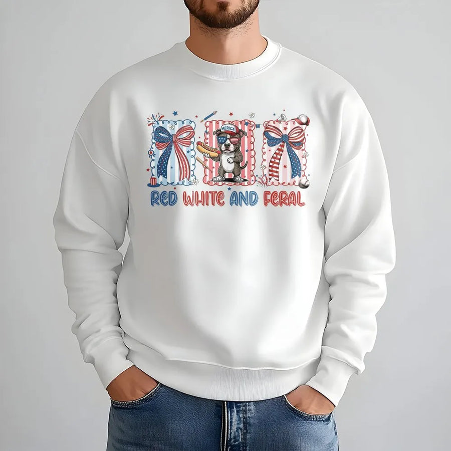 Red White and Feral Sweatshirt | Funny Patriotic Dog Graphic Sweatshirt | Premium Cotton-Blend Pullover | 4th of July Gift for Dog Mom