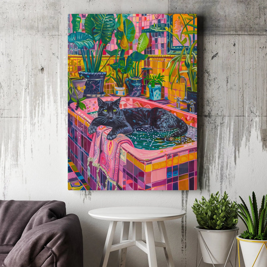 Black Cat Canvas Wall Art | Vibrant Bathroom with Houseplants | Premium Gallery Style Canvas | Collector's Gift for Cat & Plant Lovers