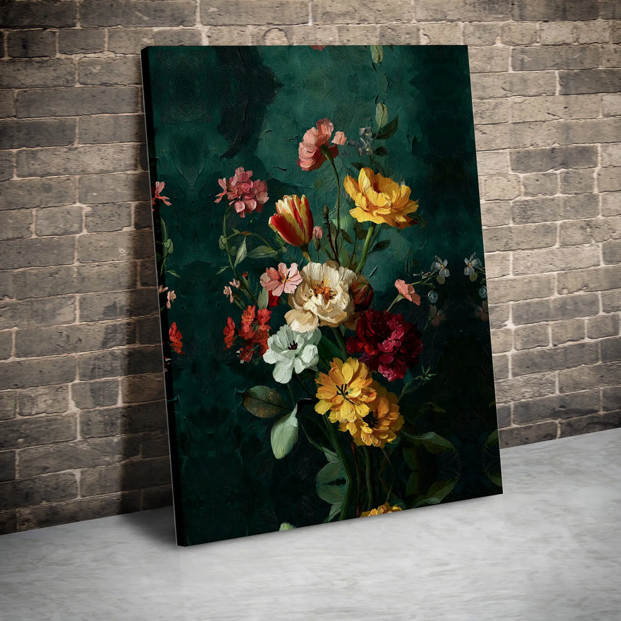Dark Moody Floral Bouquet Canvas | Vintage Oil Painting Style | Premium Gallery Wrap Wall Art | Aesthetic Home Decor Gift for Her
