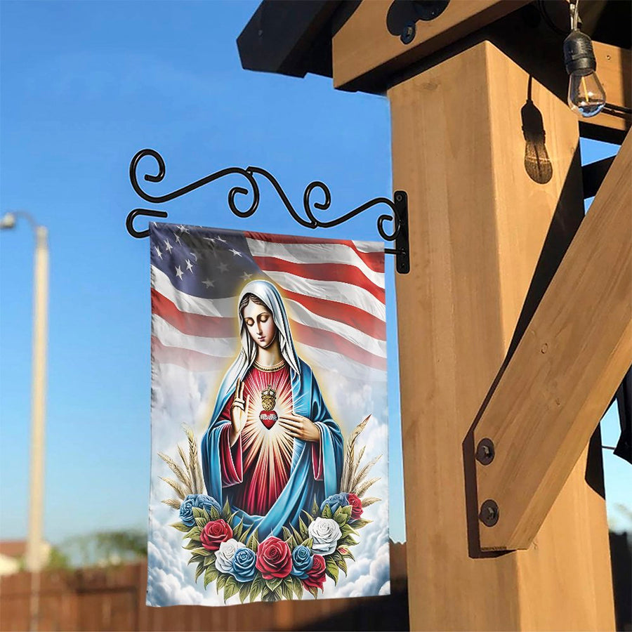 Immaculate Heart of Mary Garden Flag | American Flag Religious Decor | Durable Polyester Two-Sided Print | Patriotic Christian Home Gift