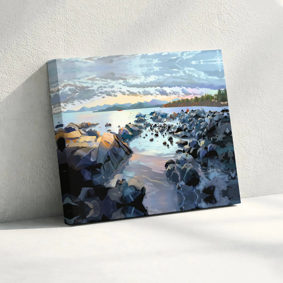 Coastal Seascape Canvas Wall Art | Rocky Shore Sunset Painting | Premium Gallery Wrap Print | Modern Nature Decor Gift for Home Office