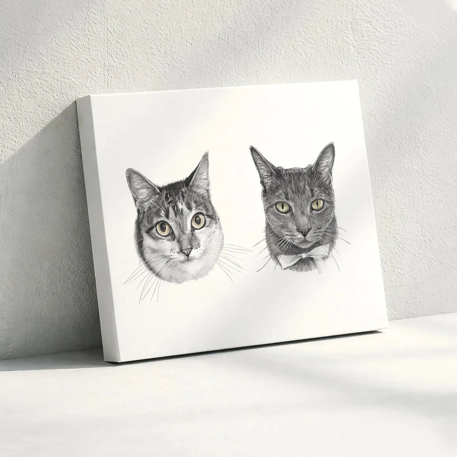 Cat Portrait Canvas Wall Art | Realistic Two Cat Pencil Sketch | Premium Gallery Wrap Canvas | Unique Gift for Cat Lover