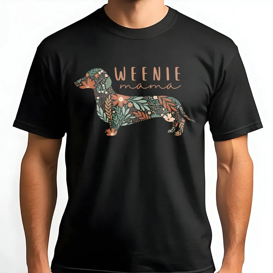 Weenie Mama T-Shirt | Floral Dachshund Graphic Print | 100% Cotton Premium Tee | Dog Mom Gift for Dachshund Lovers