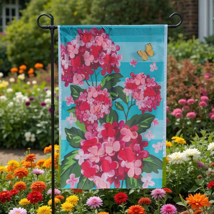 Hydrangea Garden Flag | Pink Floral with Butterfly Art | Double-Sided Weather Resistant Fabric | Outdoor Yard Decor Gift for Gardener
