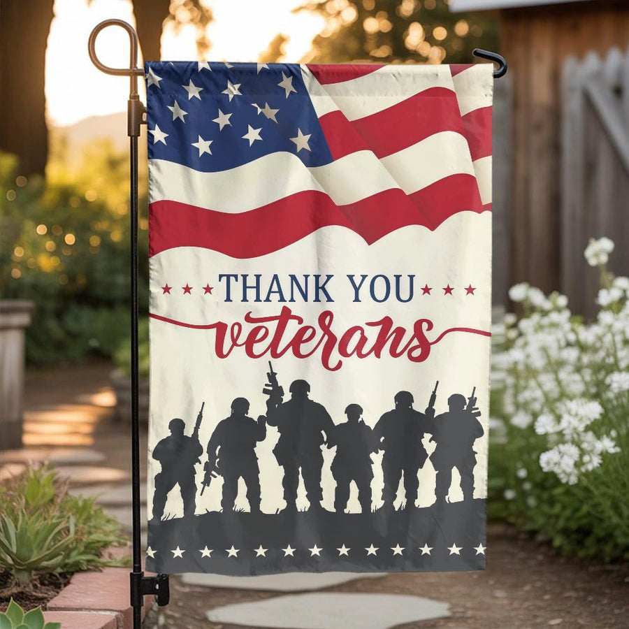 Thank You Veterans Garden Flag | American Flag Soldier Silhouette | Weather-Resistant Outdoor Decor | Premium Gift for Military Families