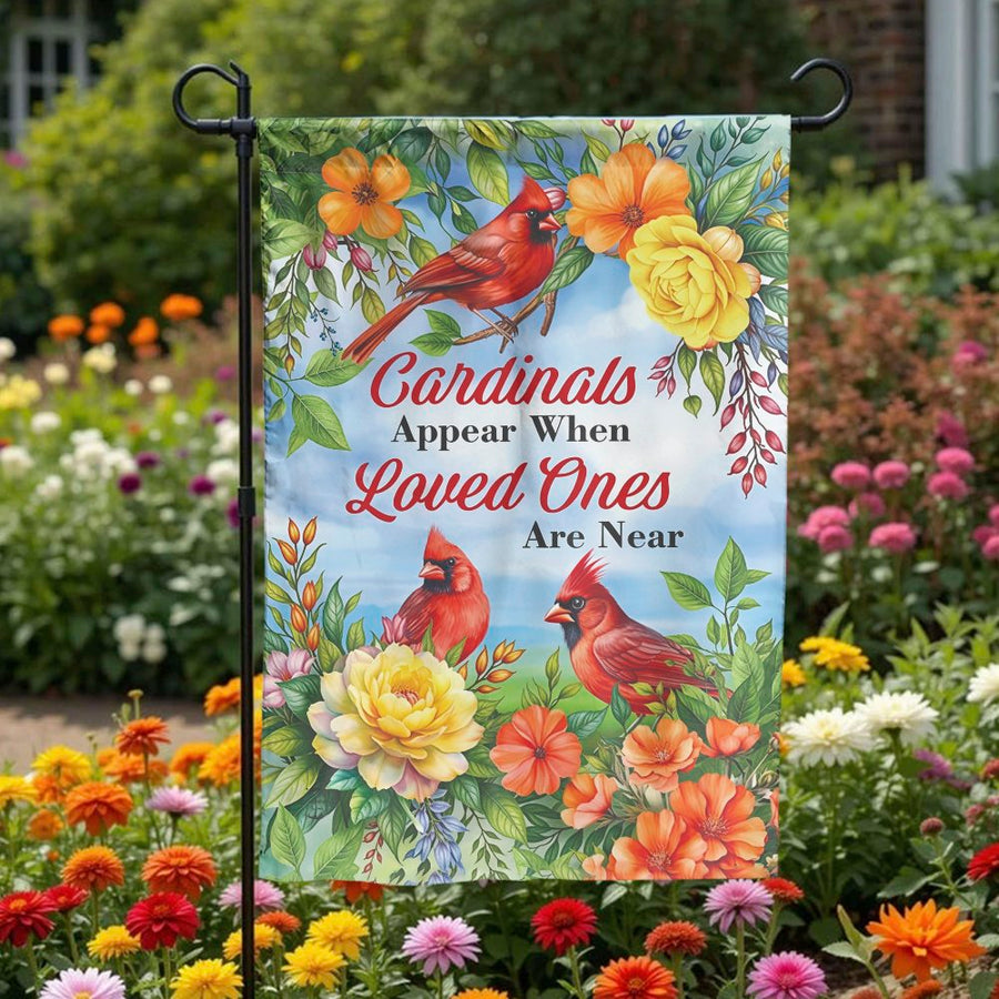 Cardinal Memorial Garden Flag | "Loved Ones Are Near" Quote & Floral Art | Double Sided Polyester | Sympathy Remembrance Gift for Yard Decor