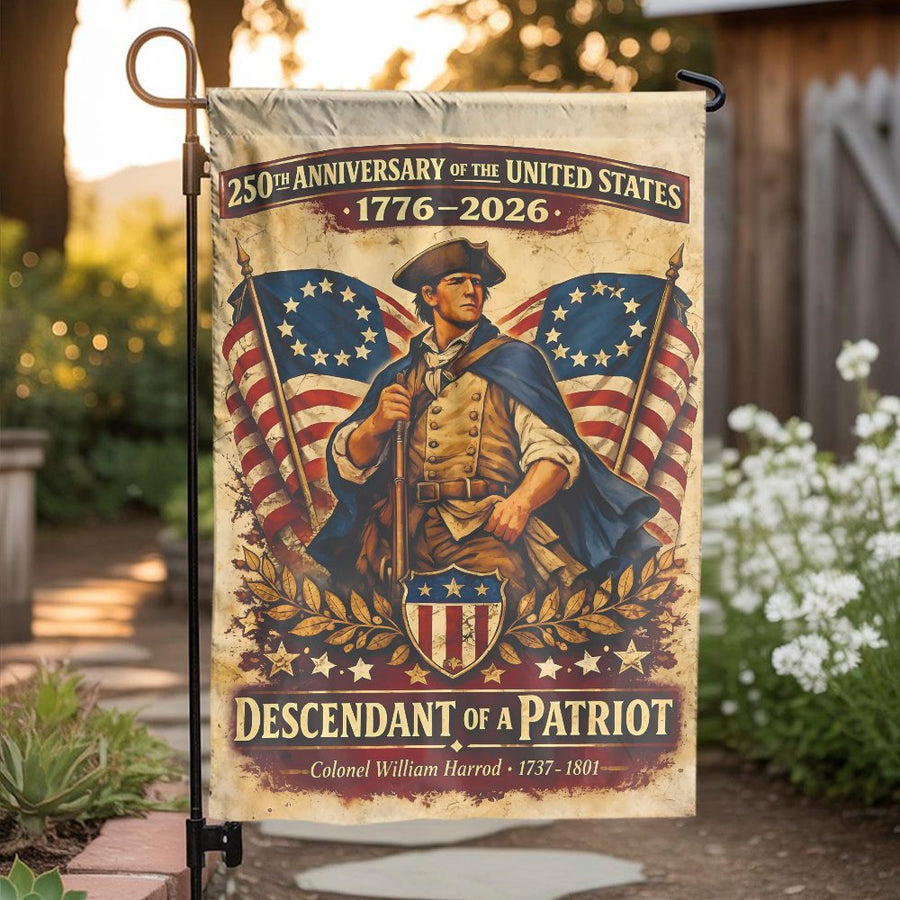 USA 250th Anniversary Garden Flag | Descendant of a Patriot Design | Weather-Resistant Polyester | Commemorative Yard Decor Gift for History Buffs