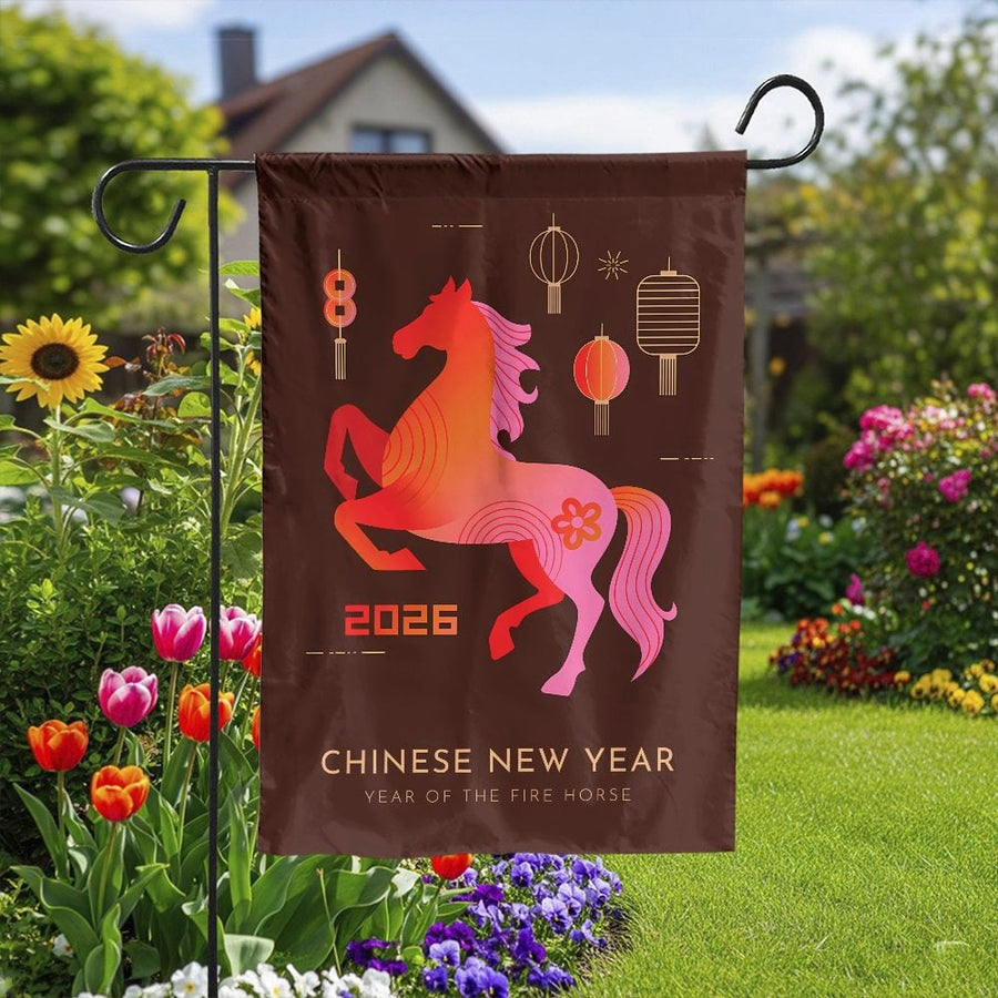 Chinese New Year Garden Flag | 2026 Year of the Fire Horse Zodiac | Premium Double Sided Polyester | Outdoor Holiday Yard Decor Gift