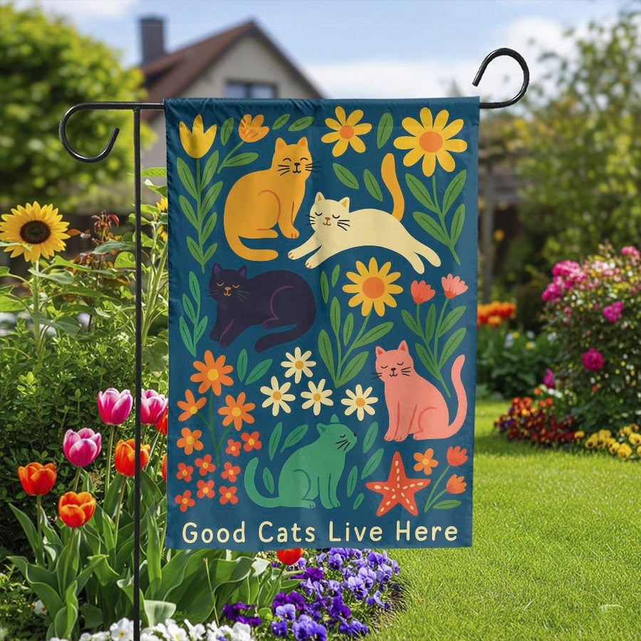 Good Cats Live Here Garden Flag | Colorful Floral Cat Illustration | Premium Double Sided Polyester | Welcome Sign Gift for Cat Mom