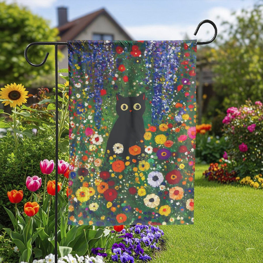 Black Cat Garden Flag | Artistic Floral Meadow Print | Double Sided Weather Resistant Polyester | Unique Gift for Cat Lover