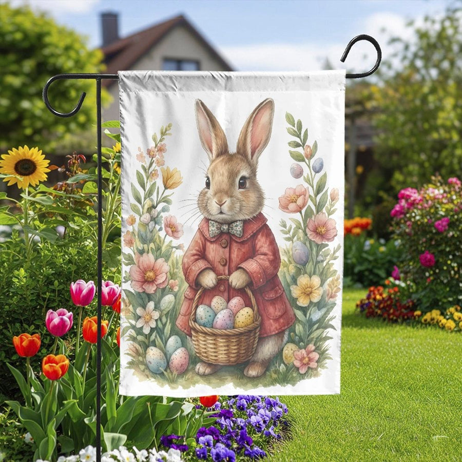 Easter Bunny Garden Flag | Watercolor Rabbit with Egg Basket | Double-Sided Premium Polyester | Outdoor Spring Decor Gift