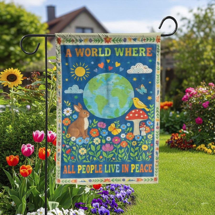 Peace on Earth Garden Flag | Whimsical Bunny & Earth Art | Double Sided Weather Resistant Polyester | Yard & Outdoor Welcome Decor Gift