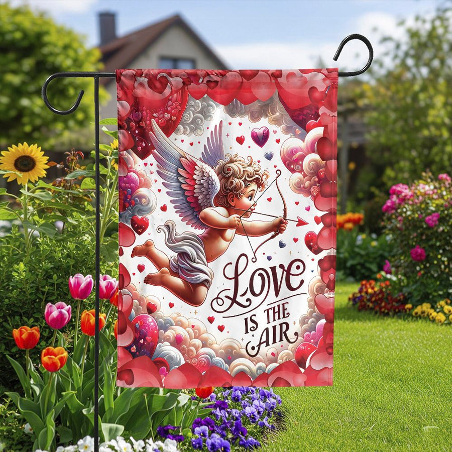 Valentine's Day Garden Flag | Cute Cupid 'Love is the Air' Design | Weather-Resistant Double-Sided Print | Seasonal Outdoor Home Decor Gift