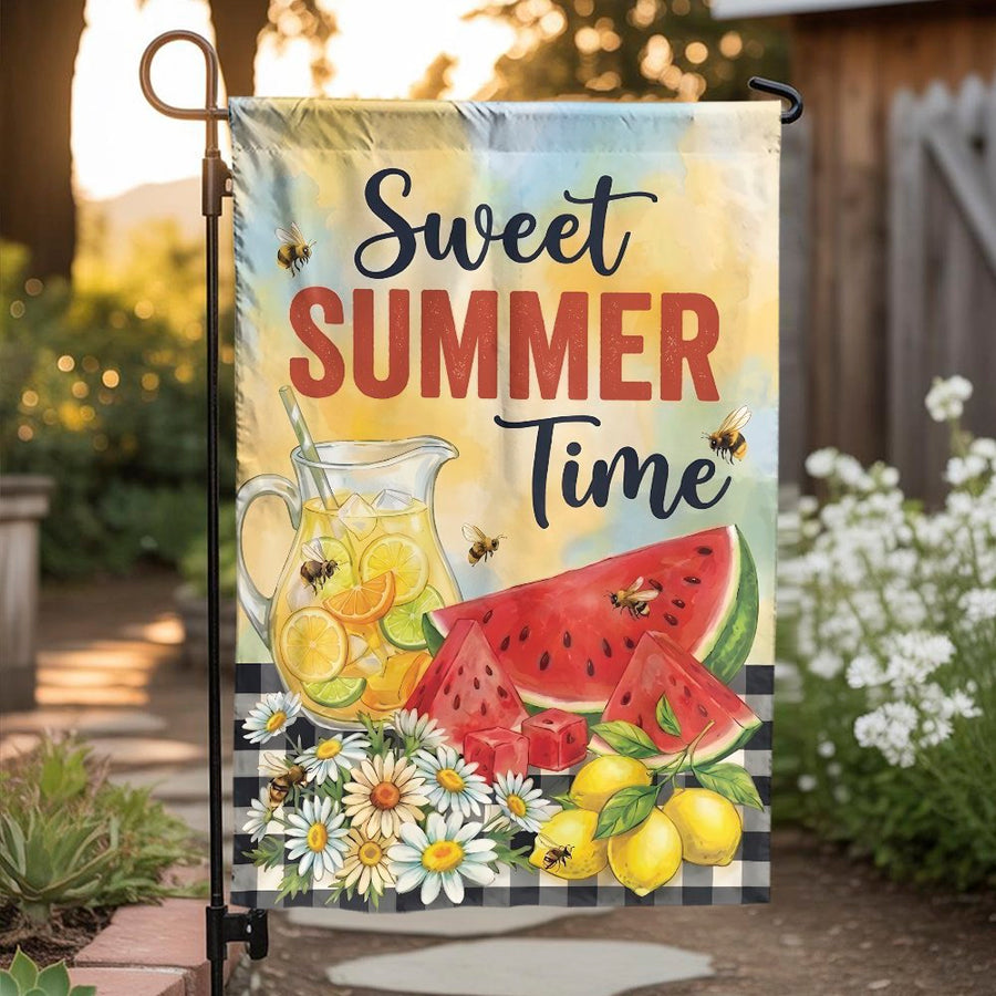 Sweet Summer Time Garden Flag | Lemonade and Watermelon Print with Bees | Double Sided Weather Resistant Fabric | Seasonal Patio & Front Porch Decor