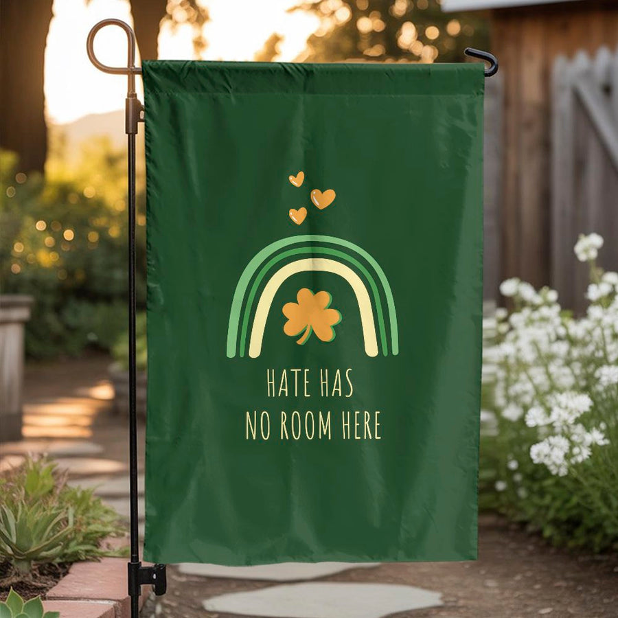 St Patricks Day Garden Flag | Hate Has No Room Here Shamrock Rainbow | Double Sided Weatherproof | Inclusive Welcome Porch Decor Gift