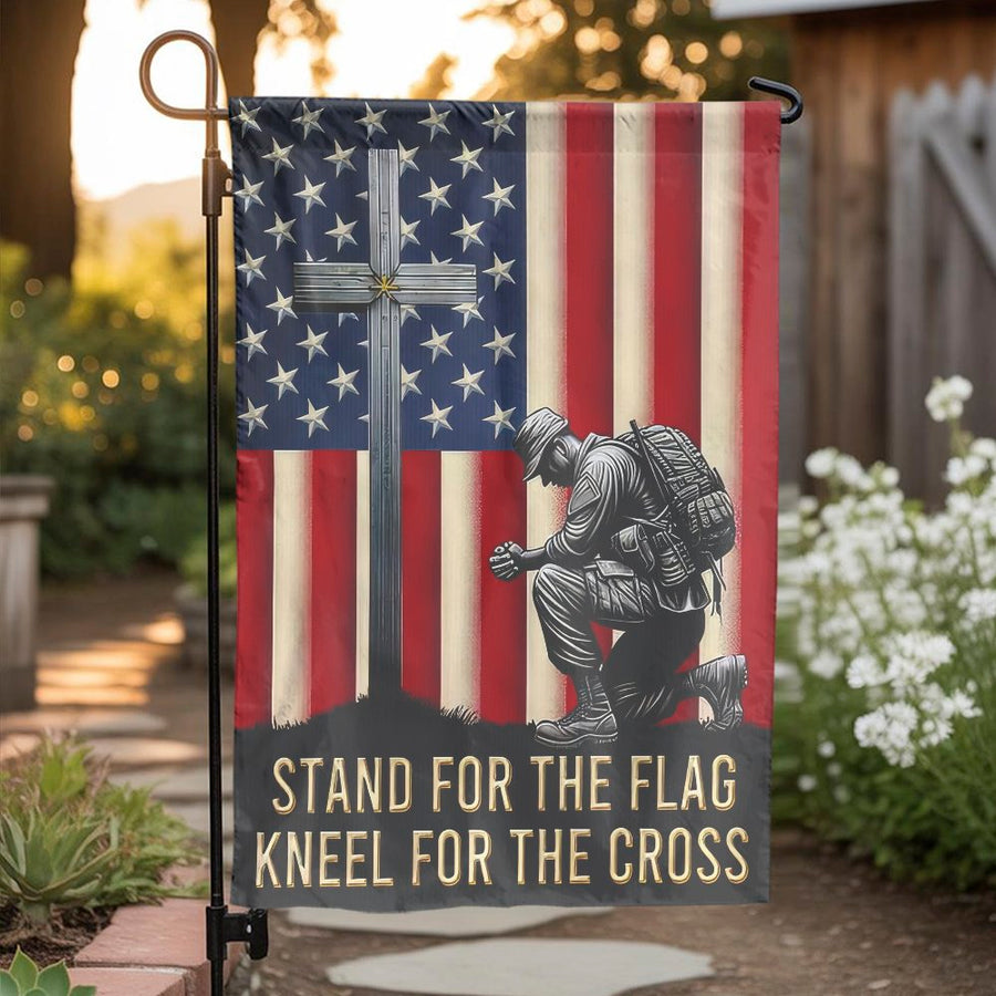 Patriotic American Flag Garden Flag | Kneeling Soldier Kneel for the Cross Design | Double Sided Weatherproof Yard Banner | Gift for Veterans & Military Families