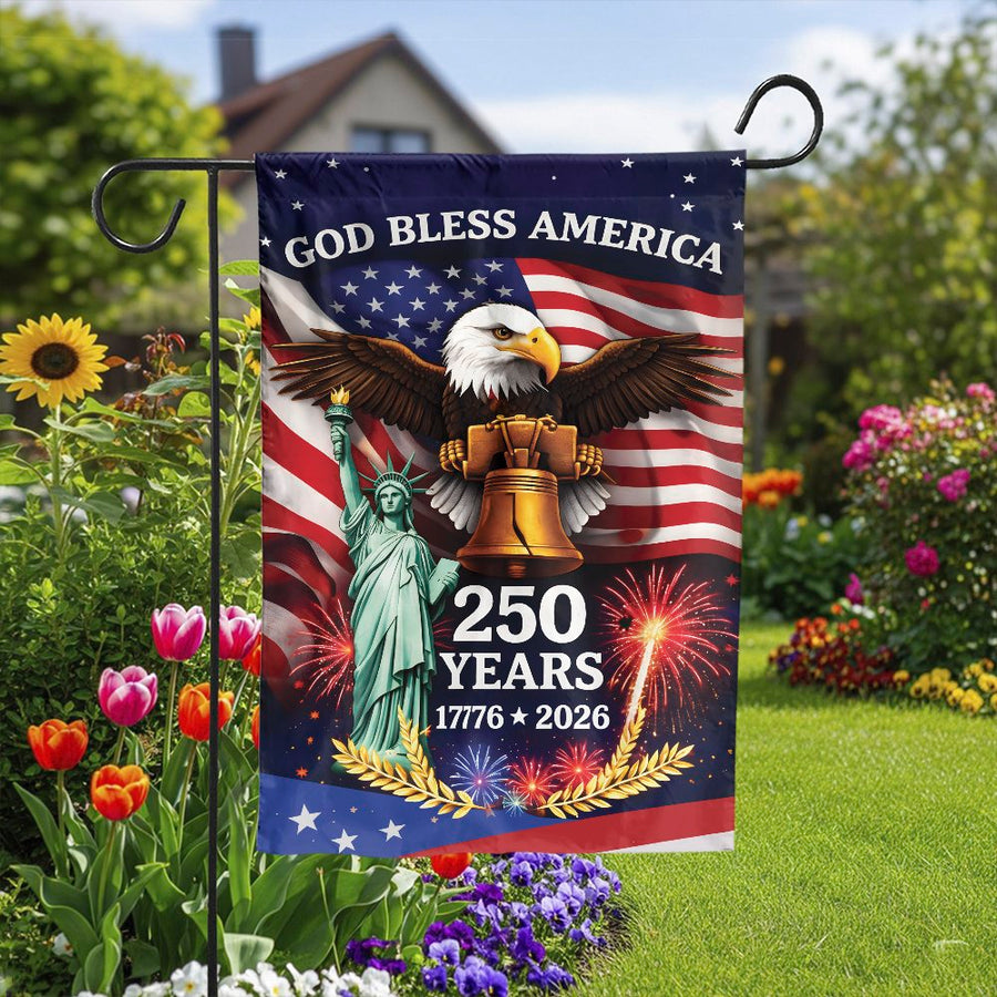 America 250th Anniversary Garden Flag | God Bless America Eagle & Liberty Bell | Double Sided Weatherproof Fabric | Patriotic Yard Decor for 2026 Celebration